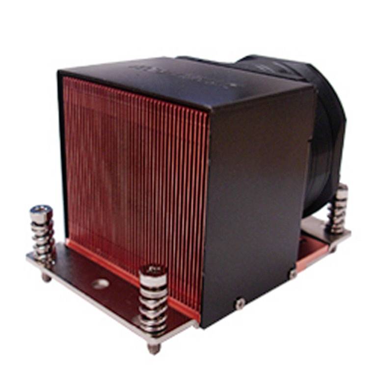 Een vierkante, zwarte koelbehuizing met rode koelribben en veren, gemonteerd op een metalen standaard, voor warmteafvoer.