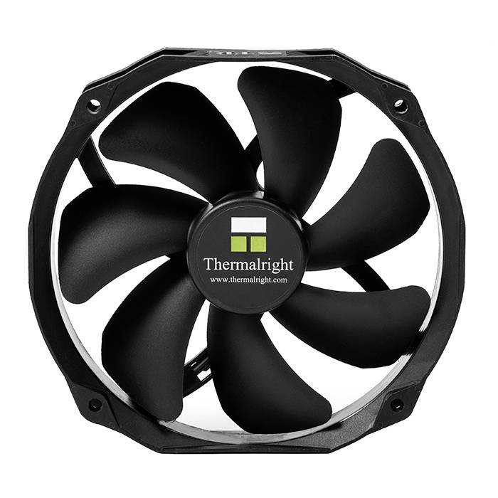 Een zwarte computerventilator van Thermalright met negen schoepen; wordt gebruikt voor de koeling van computercomponenten.