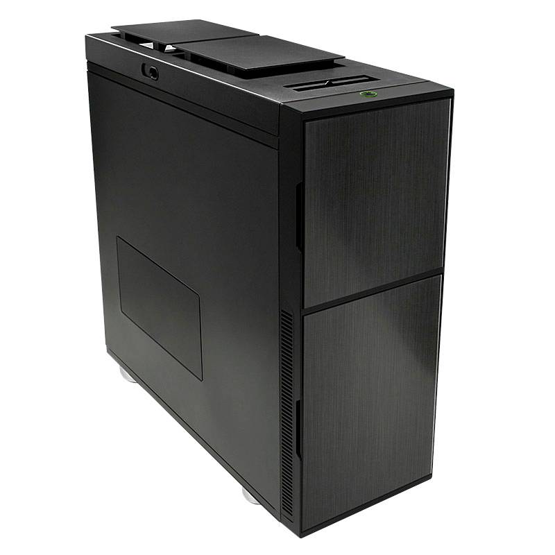 Zwart computerbehuizing met een strak design, rechthoekige vorm, zonder zichtbare merkaanduiding, staat op grijze achtergrond.