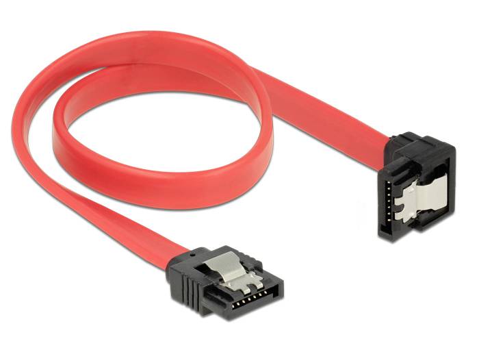 Rood SATA-datakabel met twee zwarte connectoren, geschikt voor het verbinden van interne computeraandrijvingen en moederborden.