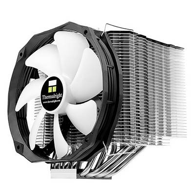 Een CPU-koeler met grote, verticale koelvinnen en een witte ventilator die zorgt voor warmteafvoer.