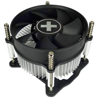 Zwarte computerventilator met koellichaam en schroeven, geschikt voor het koelen van CPU-componenten in computers.