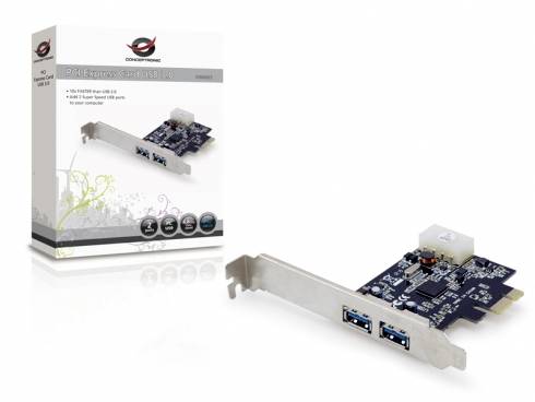 Een PCI-uitbreidingskaart met twee USB 3.0-poorten en de bijbehorende verpakkingsdoos. Ideaal voor het uitbreiden van computers.
