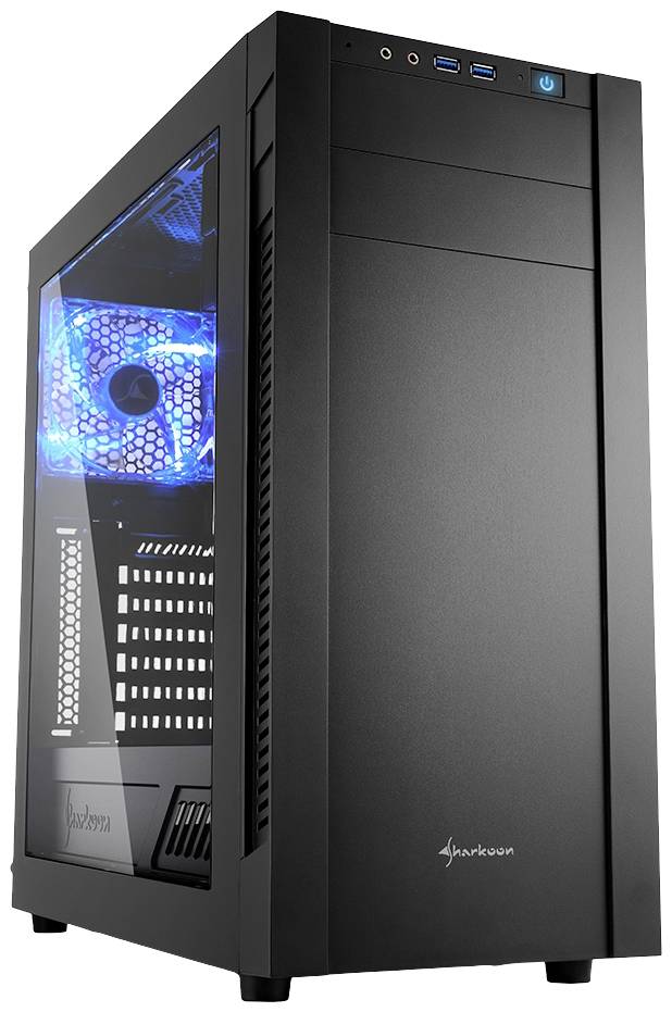 Zwart computerbehuizing met zijraam en blauwe LED-verlichting, voorzien van ventilatiesleuven en USB-poorten aan de bovenkant.
