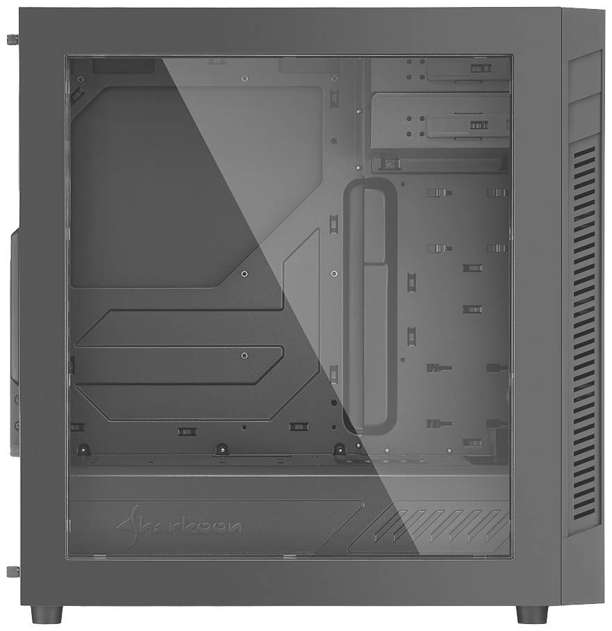 Behuizing van een computerbehuizing met een transparant zijvenster, grijze kleur, toont de interne montagebeugels en uitbreidingssleuven.