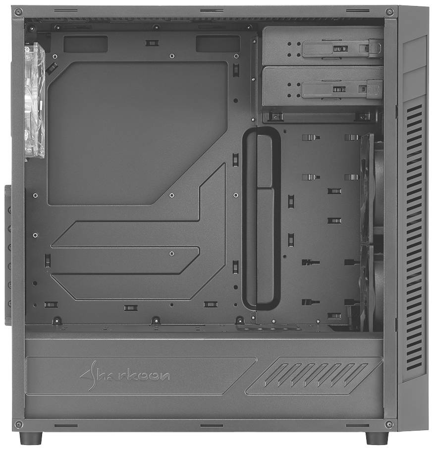 Leeg computerbehuizing met open zijpaneel, toont ruimte voor moederbord en stations. Ventilatoren zijn gemonteerd aan de voor- en achterkant.