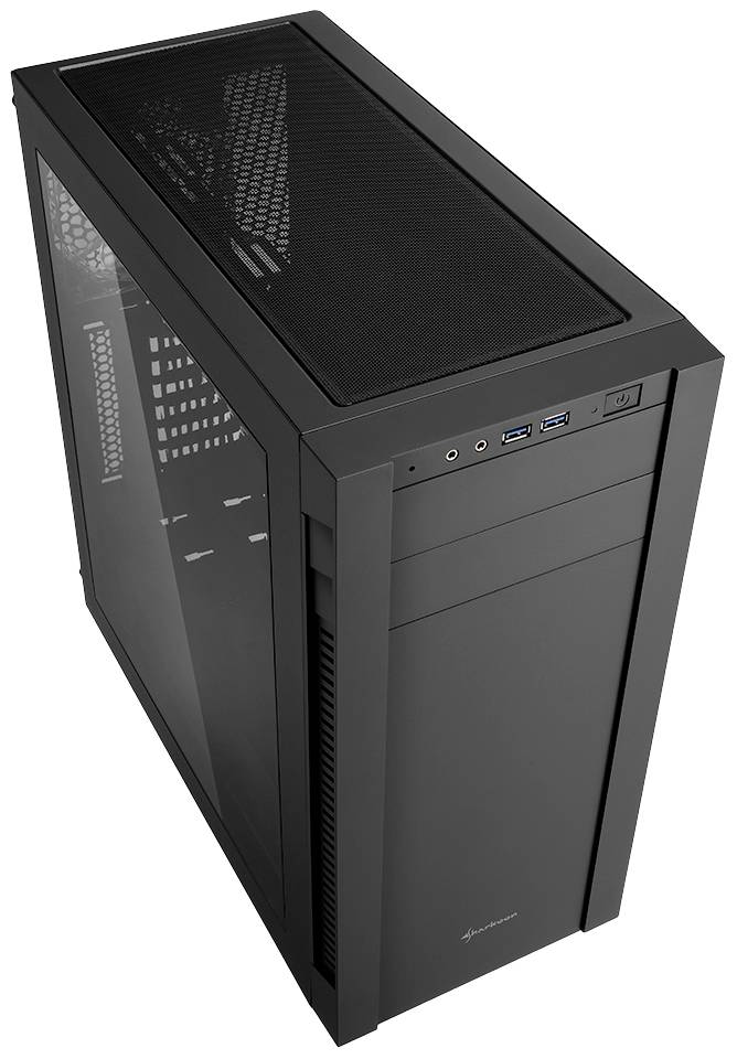 Zwart computerbehuizing met transparant zijpaneel, USB-poorten en ventilatorregeling bovenaan, geschikt voor krachtige pc's.