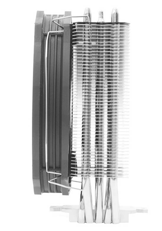 Metalen CPU-koeler met meerdere koelribben en ventilator voor warmteafvoer uit een computerbehuizing.
