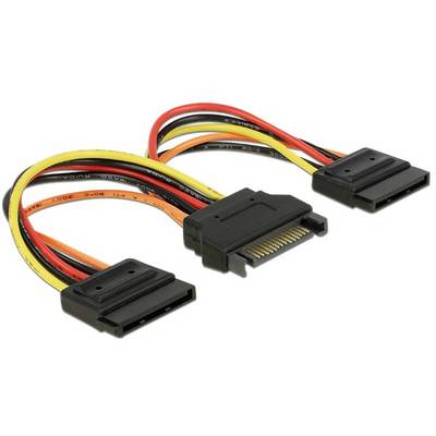 SATA-stroomadapterkabel met twee aansluitingen voor het voeden van harde schijven, toont gekleurde leidingen en zwarte connectoren.