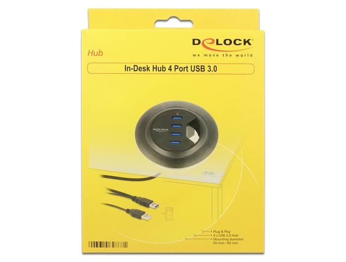 Verpakking van een 'In-Desk Hub 4 Poorts USB 3.0' van DeLock. Toont een ronde hub met vier USB-aansluitingen. Geschikt voor gebruik in het bureau.