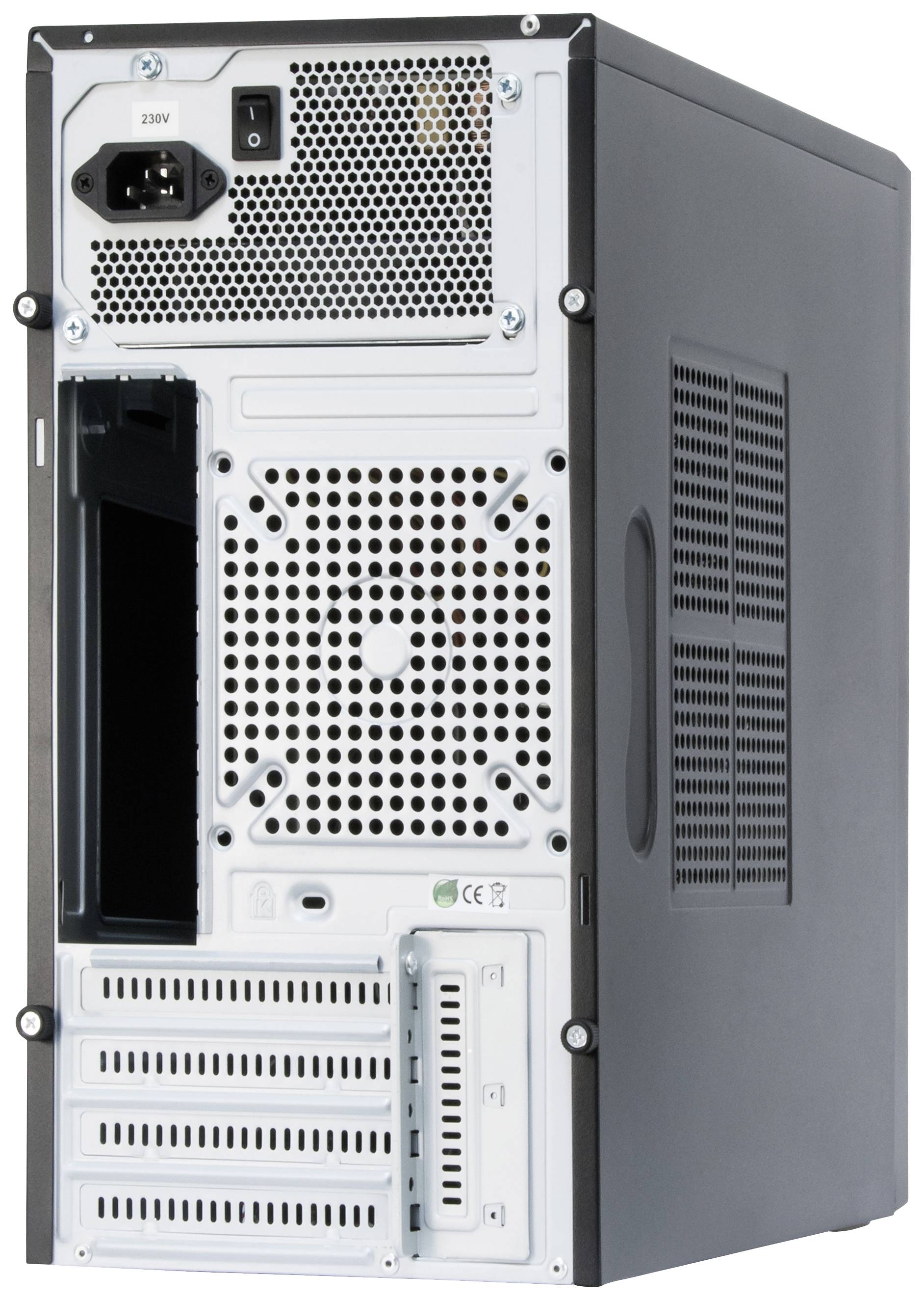 De achterkant van een desktop-pc-behuizing met meerdere ventilatierooster, interfaces en een netvoedingsaansluiting linksboven.
