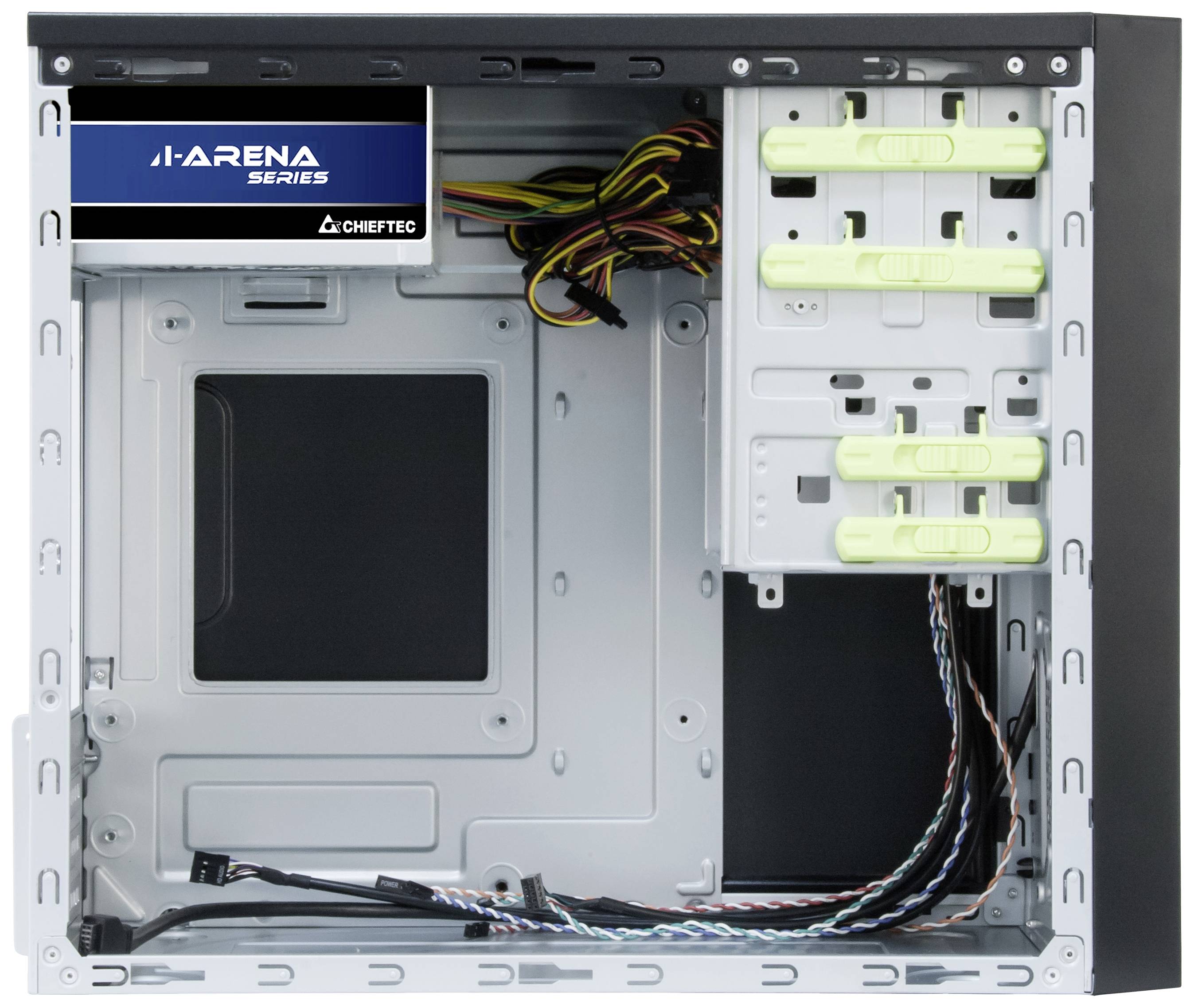 Leeg computerbehuizing met open zijpaneel. Ruimte herkenbaar voor moederbord, harde schijven en voeding. Belangrijke kabels zichtbaar.