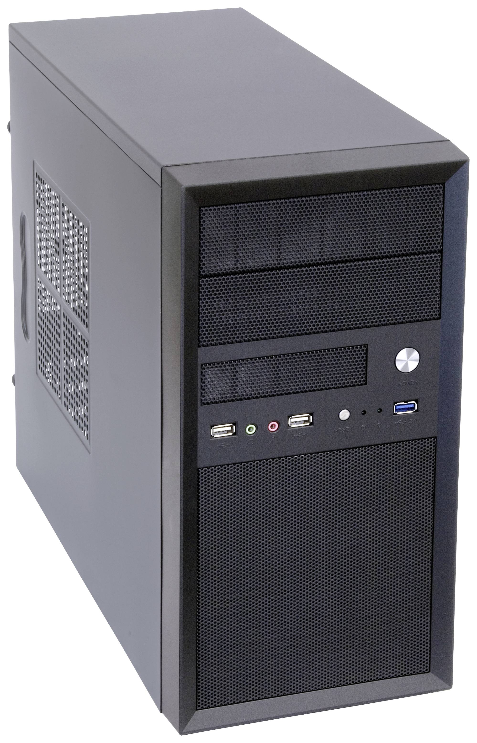 Een zwarte desktopcomputer-behuizing met ventilatierooster en USB-poorten aan de voorkant, geschikt voor thuis- of kantoorgebruik.