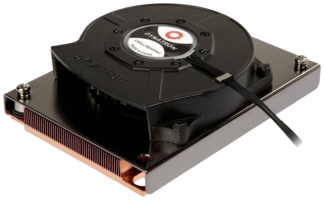 Een platte CPU-koeler met ventilator, zwarte behuizing en koperen basis, gebruikt voor de koeling van computerprocessors.