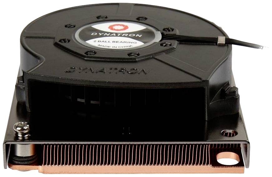 Een zwarte CPU-koeler van Dynatron met koperen koelvinnen, geschikt voor servers of krachtige computers.