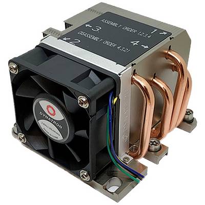 Een koellichaam met ventilator, koper-heatpipes en montagegeleiders. Bovenaan is een handleiding voor de volgorde van montage- en demontagestappen afgedrukt.