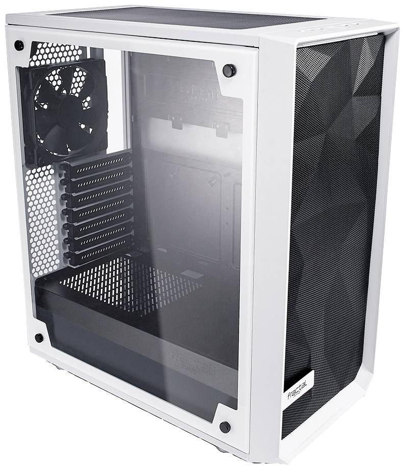 Wit computerbehuizing met een transparant zijpaneel en frontrooster, geschikt voor het installeren van pc-componenten.