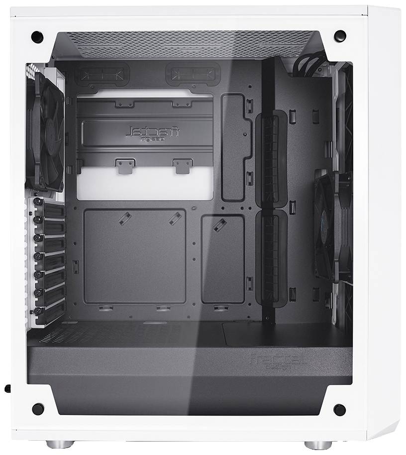 Wit computerbehuizing, transparant zijvenster, lege binnenkant met ruimte voor componenten, zichtbare ventilatoren en kabelmanagement.