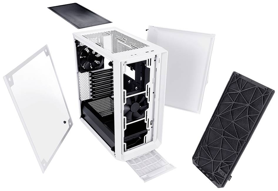 Wit pc-behuizing met verwijderde kappen toont ventilator, stoffilter en interne vakken voor computercomponenten.