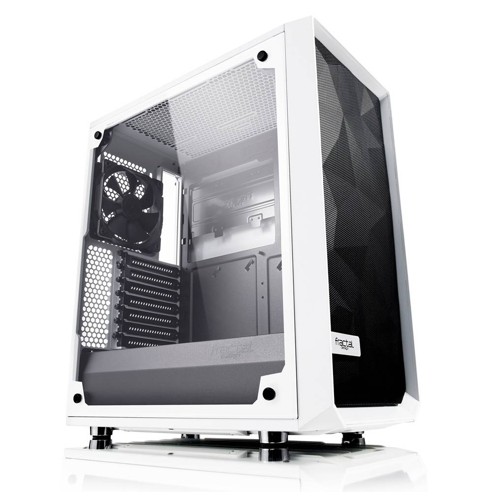 Een lege, witte computer-toren met een transparant zijpaneel en een ventilator aan de achterkant. Ideaal voor PC-bouwprojecten.
