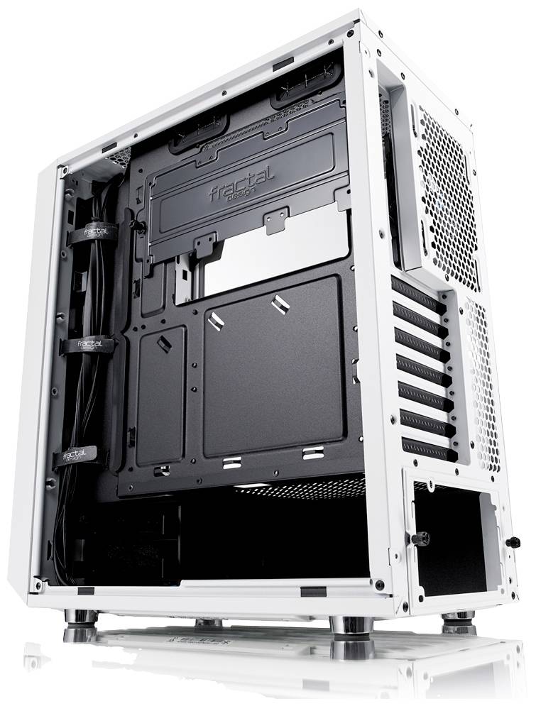 'Fractal Design' computerbehuizing met witte rand en zwarte binnenkant, geopend. Platform voor hardwareinstallatie zichtbaar.