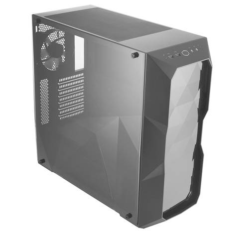 Grijs computerbehuizing met ventilator, ventilatiesleuven en een geometrisch patroon aan de voorkant. Waarschijnlijk is dit bedoeld voor pc-hardware-bouwprojecten.