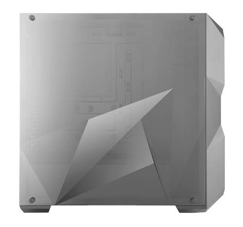 Modern computerbehuizing met geometrisch ontwerp, bestaande uit transparante en ondoorzichtige elementen.