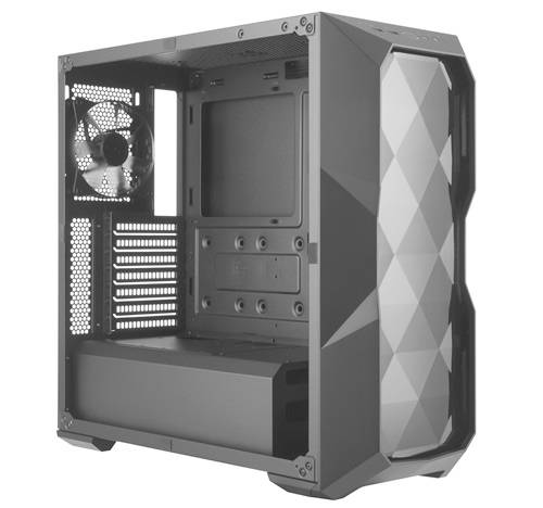 Leeg computerbehuizing met geometrische voorkant en ventilator. Bestemd voor de installatie van interne componenten.