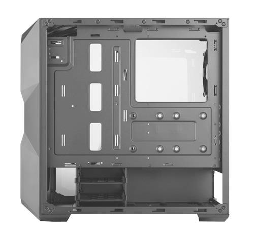 Leeg computerbehuizing zonder componenten, met open zijpaneel, toont bevestigingspunten en ruimte voor drives en moederbord.