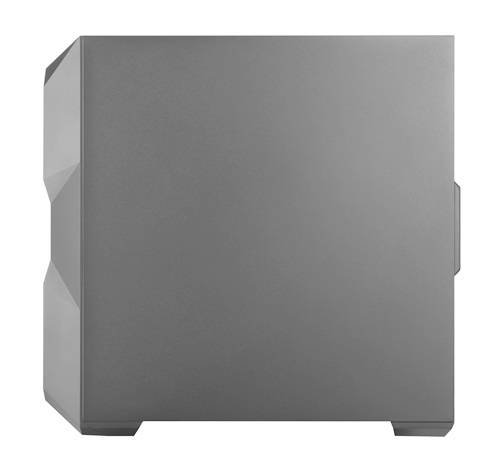 Een grijze, rechthoekige computerbehuizing zonder zichtbare aansluitingen of merken. Het dient als beschermende behuizing voor computercomponenten.