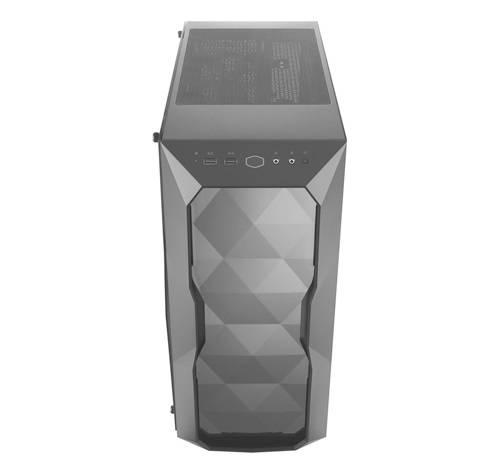 Een grijs computerbehuizing met een geometrisch vooraanzicht en ventilatiesleuven bovenaan. Bevat aansluitingen en knoppen aan de bovenkant.
