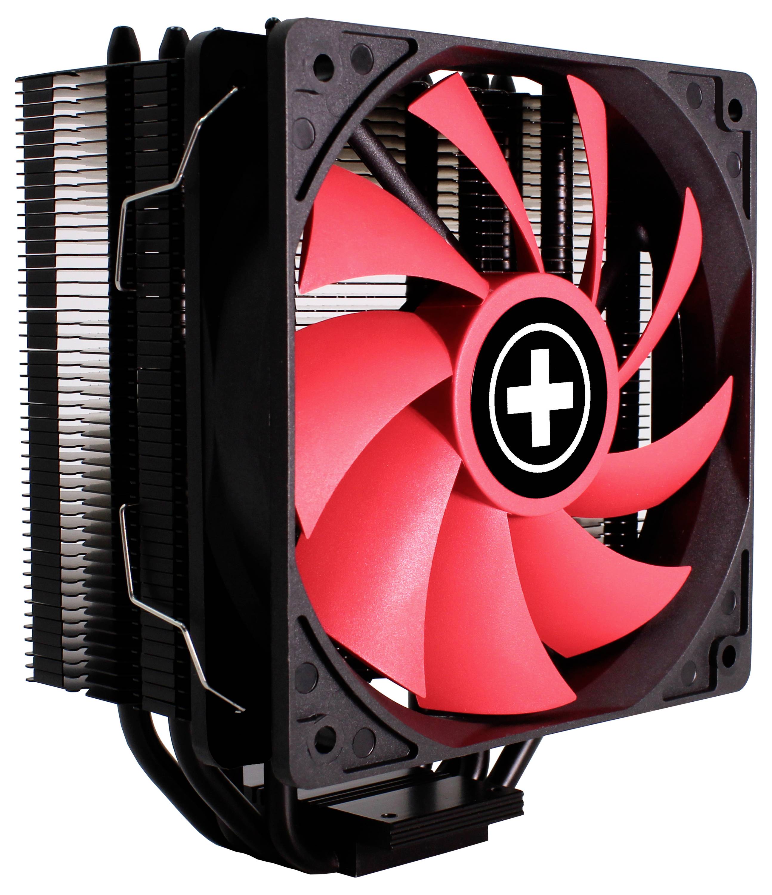 Een rode computerventilator voor een CPU-koeler, gemonteerd op koelribben, ontworpen voor warmteafvoer in een pc-systeem.