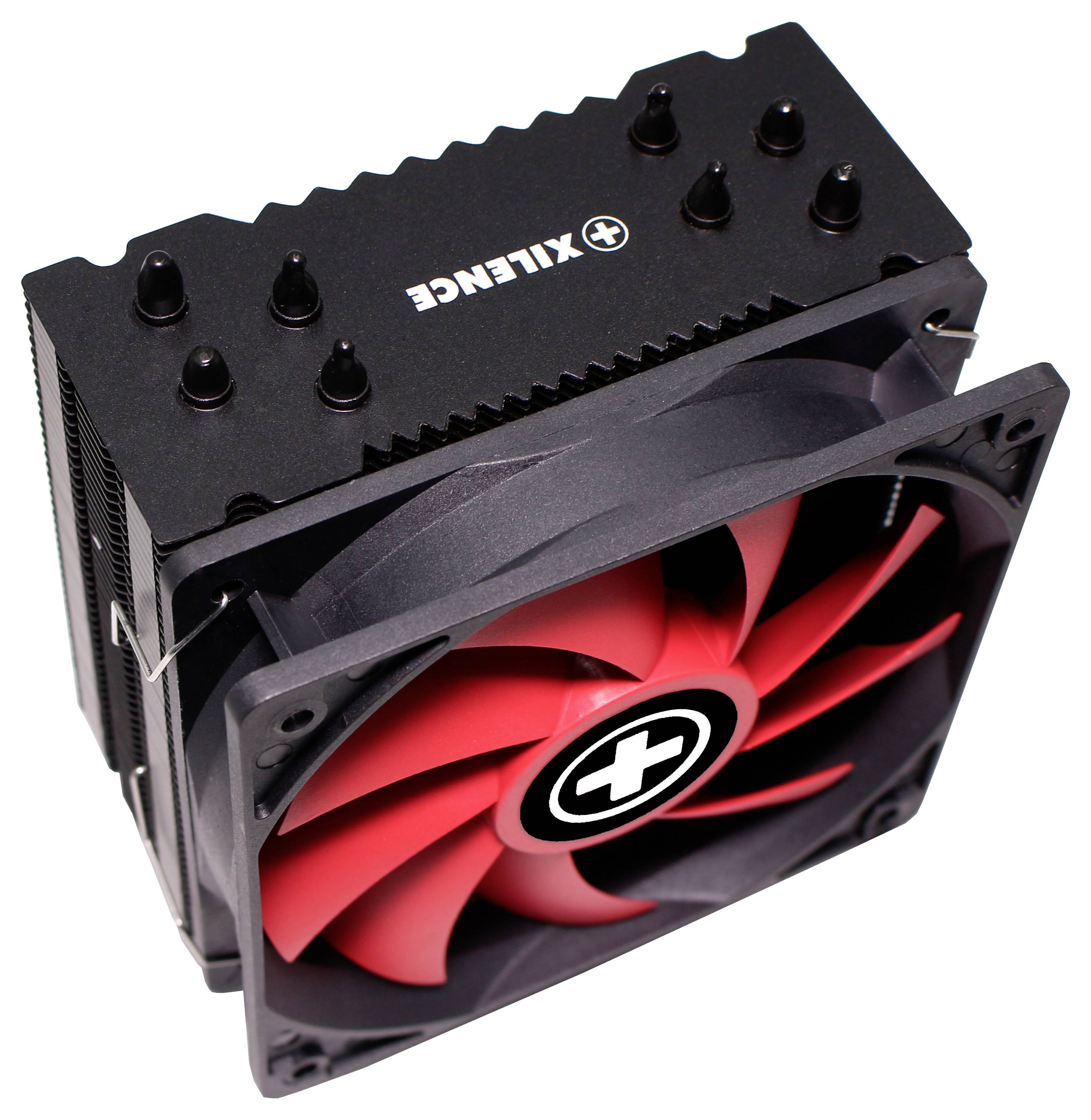 Een zwarte CPU-koeler met een rode ventilator die het merklogo in het midden toont. Geschikt voor pc-koeling.