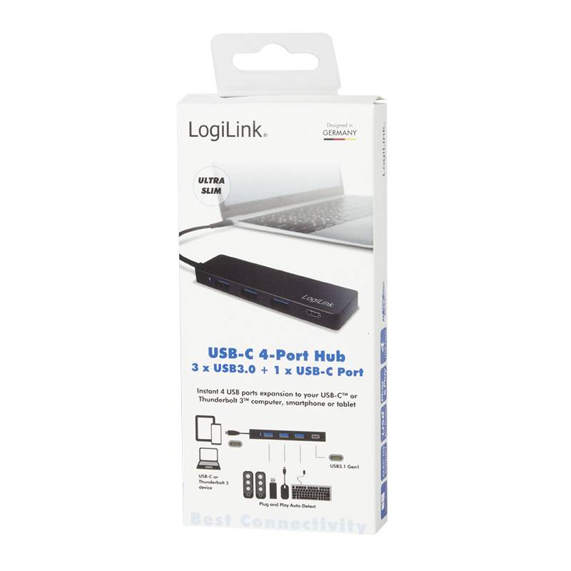 USB-C 4-poorts hub van LogiLink; biedt 3 USB3.0-poorten en 1 USB-C-poort. Geschikt voor uitbreiding van laptops of mobiele apparaten.