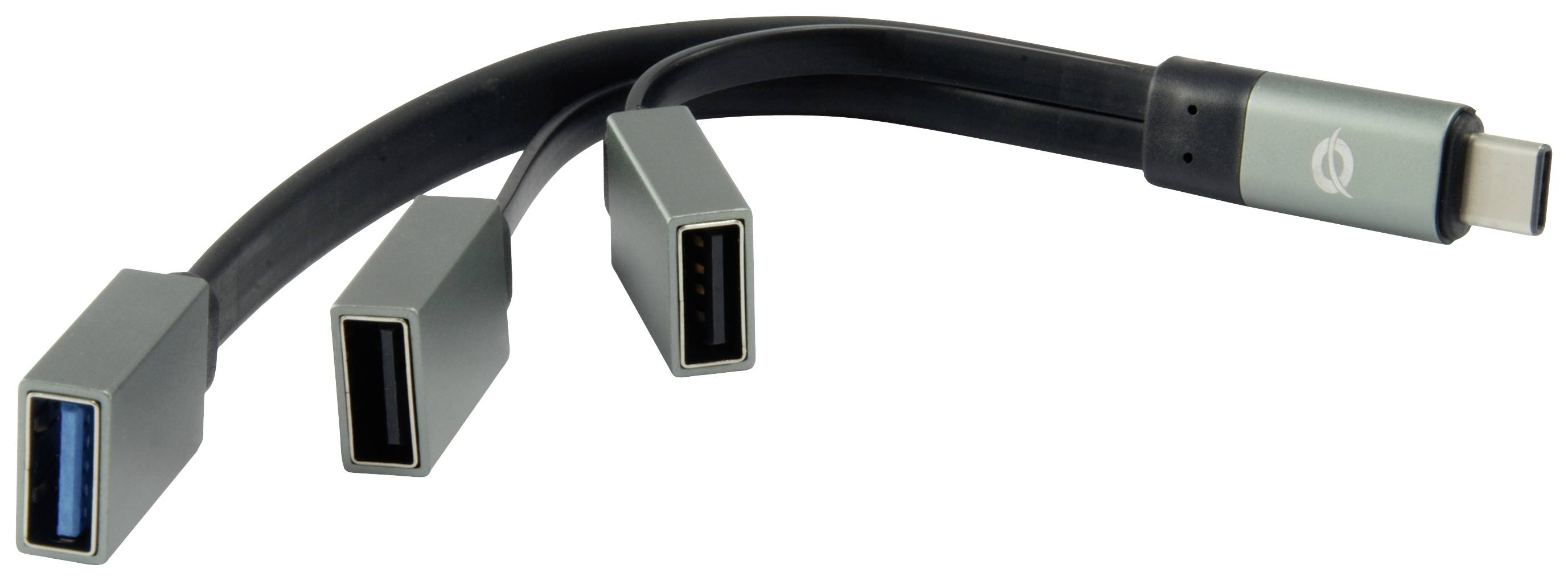 USB-C-hub met drie USB-A-poorten, aangesloten via een enkele kabel. Ideaal voor het aansluiten van meerdere apparaten op een USB-C-interface.