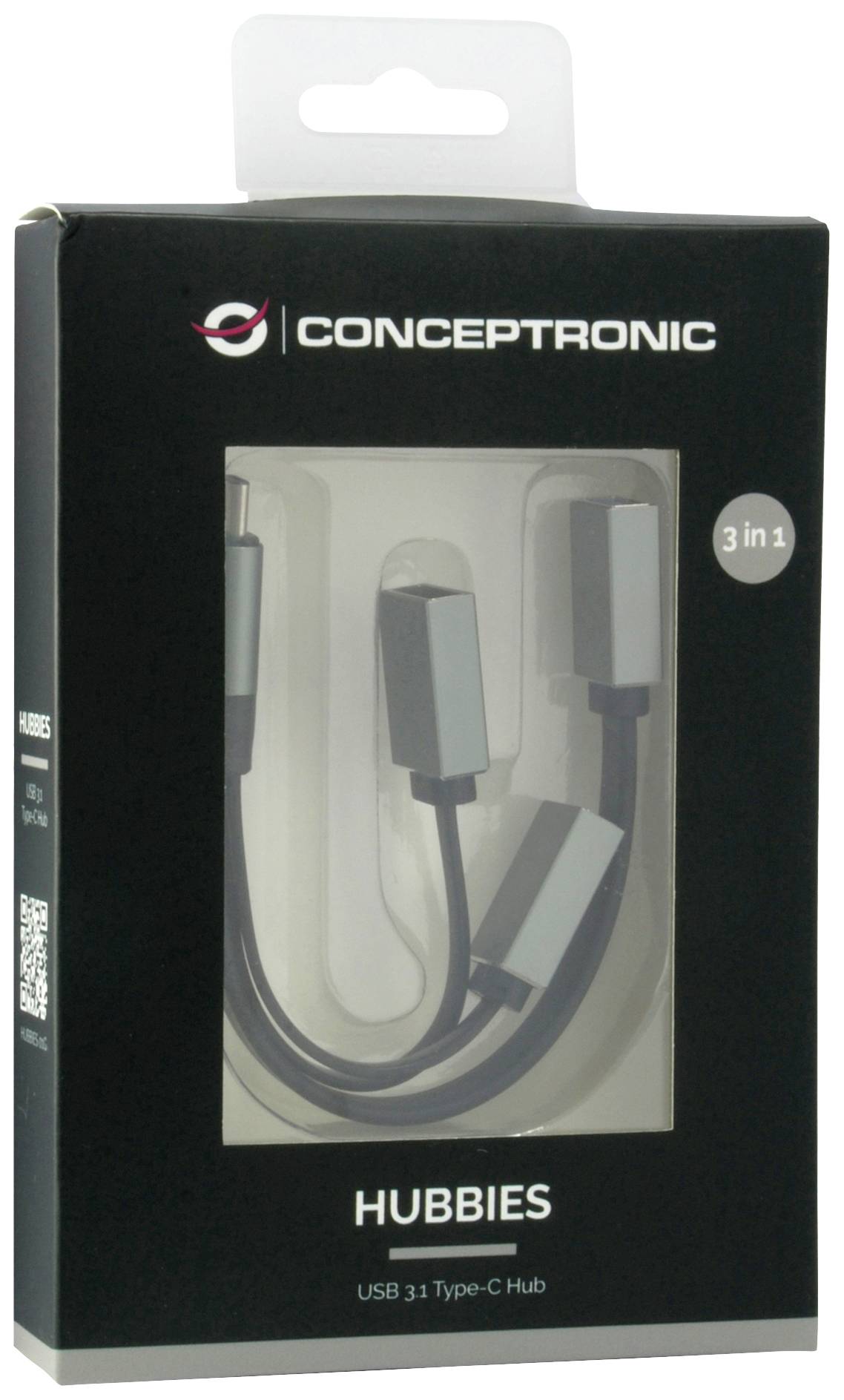 Zwarte verpakking van een USB 3.1 Type-C hub met drie poorten. Merk: Conceptronic. Productnaam: Hobbies.