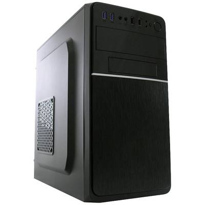 Een zwart computerbehuizing met USB-poorten en ventilatiesleuven aan de voorkant, geschikt voor desktop-pc-componenten.