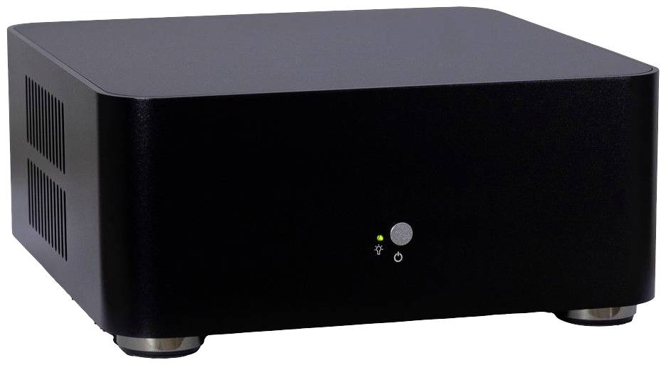 Een zwarte, rechthoekige mini-pc-behuizing met afgeronde hoeken en ventilatiesleuven aan de zijkant, staat op zilveren voeten.