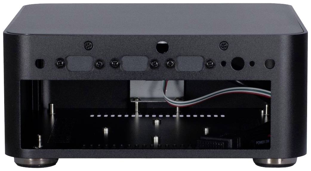 Een zwart, rechthoekig behuizing voor elektronica met een open voorkant, zichtbare draadaansluitingen en bevestigingsschroeven.