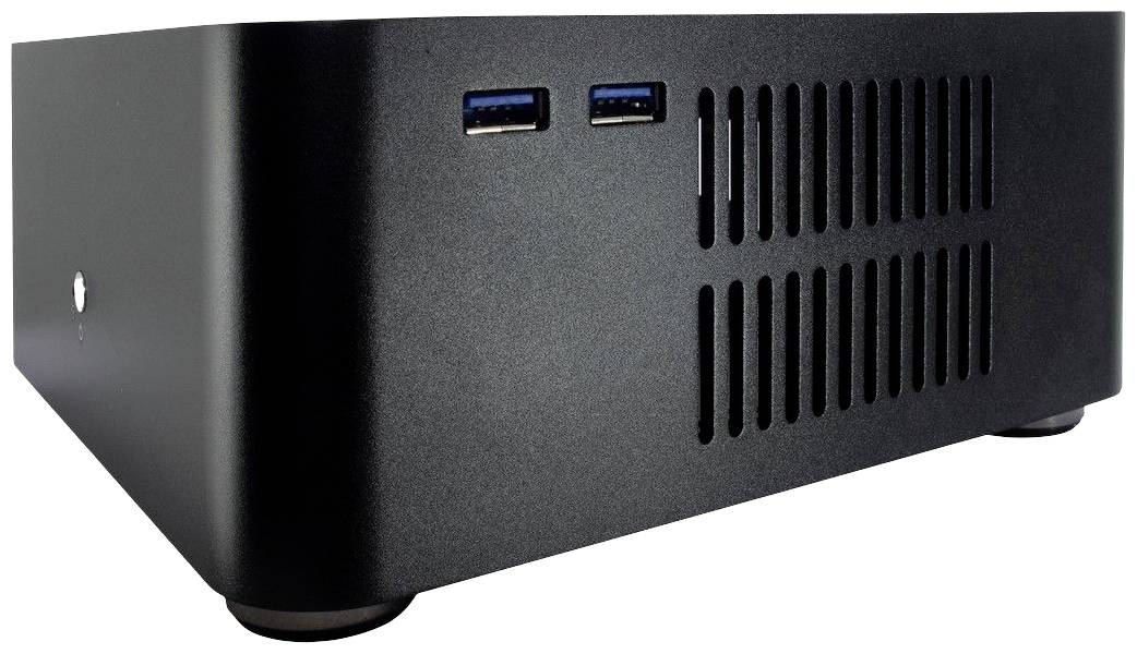 Een zwarte, compacte computer met twee USB-poorten aan de voorkant en ventilatiesleuven. Ideaal voor ruimtebesparende toepassingen.