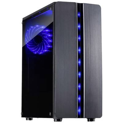 Zwart computerbehuizing met blauwe, verlichte verlichting en transparant zijpaneel, rechtop staand, moderne uitrusting.
