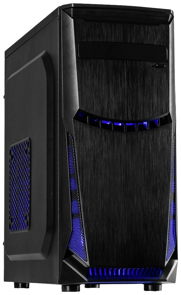 Zwart computerbehuizing met blauwe LED-verlichting aan de voorkant. Modern design, geschikt voor gaming-pc's.