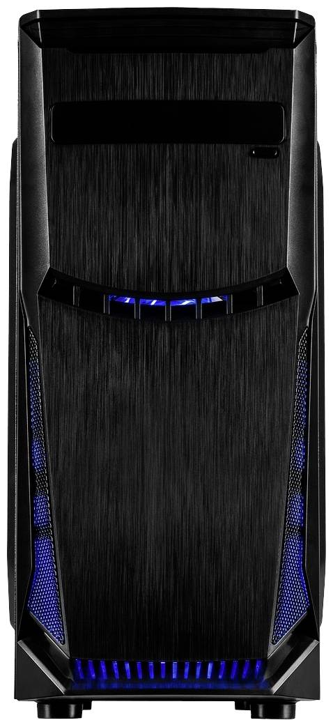 Een zwarte computerbehuizing met blauwe LED-verlichting, moderne designstijl, frontaal gefotografeerd.