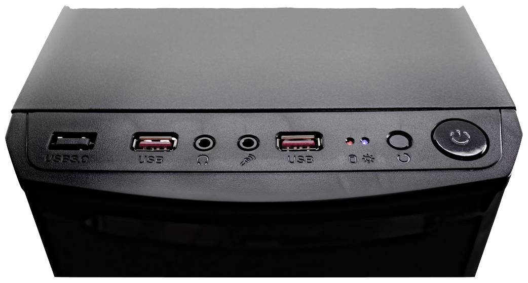 Bovenkant van een computerbehuizing met aan/uit-knop, twee USB-poorten, koptelefoonaansluiting en microfoonaansluiting.