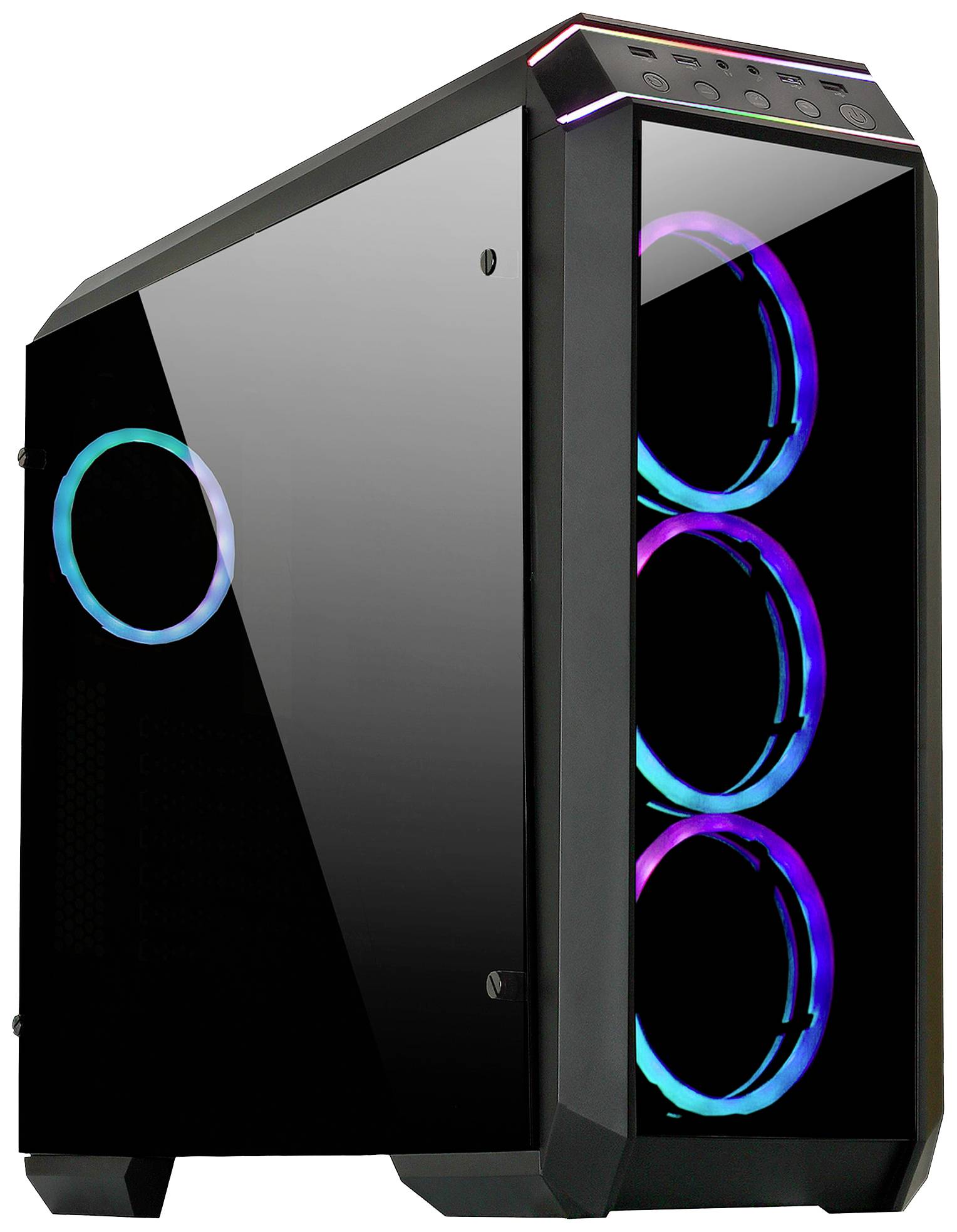 Zwart pc-behuizing met transparant zijpaneel en drie lichtgevende RGB-ventilatoren aan de voorkant. Bovenop bevinden zich aansluitingen.