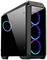 Zwart pc-behuizing met transparant zijpaneel en drie lichtgevende RGB-ventilatoren aan de voorkant. Bovenop bevinden zich aansluitingen.
