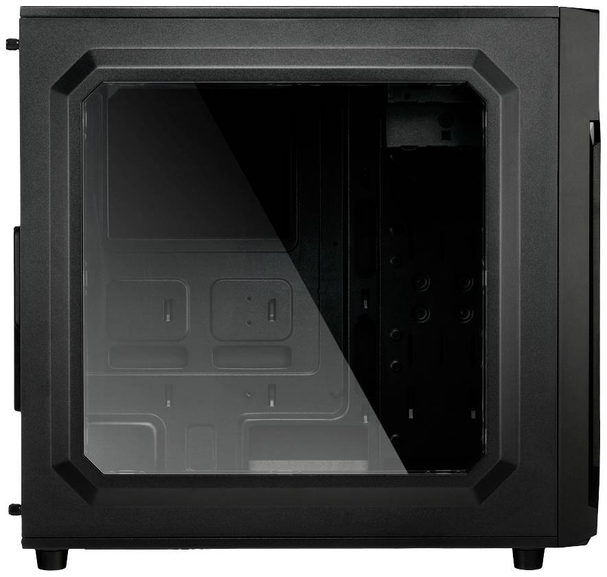 Een zwarte computerbehuizing met een transparante zijwand die de lege binnenkant laat zien. Ideaal voor PC-componenten met een venster.