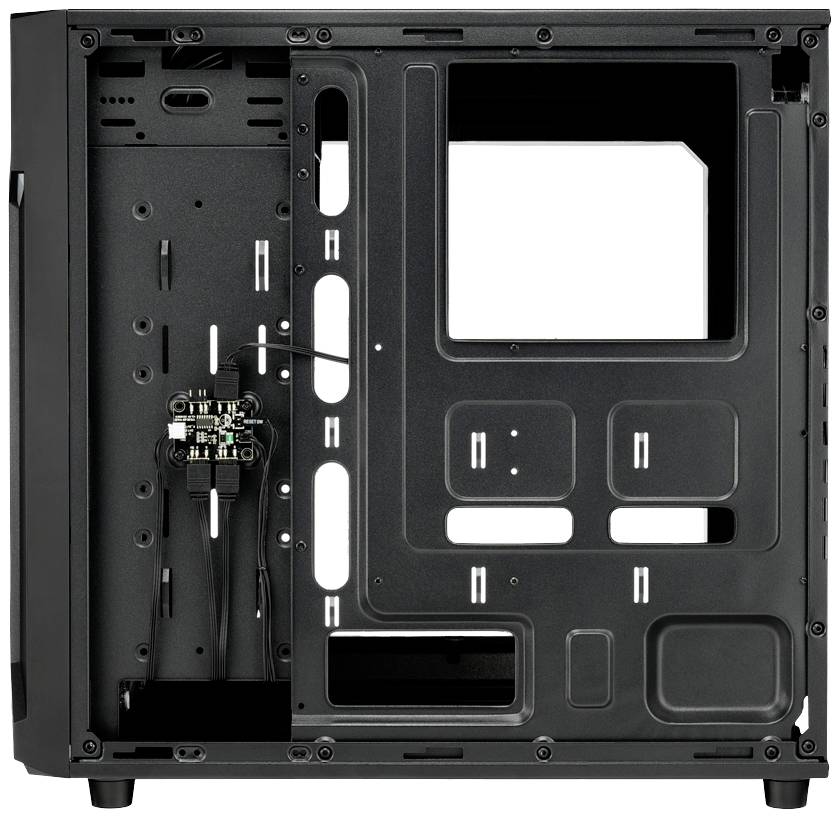 Een leeg computerbehuizing in het zwart met een open zijpaneel toont zichtbare montageplaatsen en kabelgeleiding.