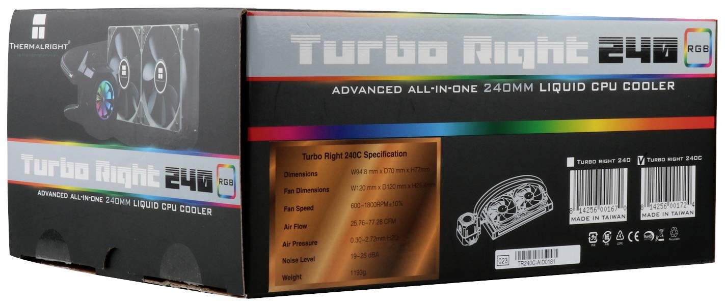 Een verpakking met de opdruk 'Turbo Right 240 RGB'. Toont een afbeelding van een CPU-koeler en technische specificaties.