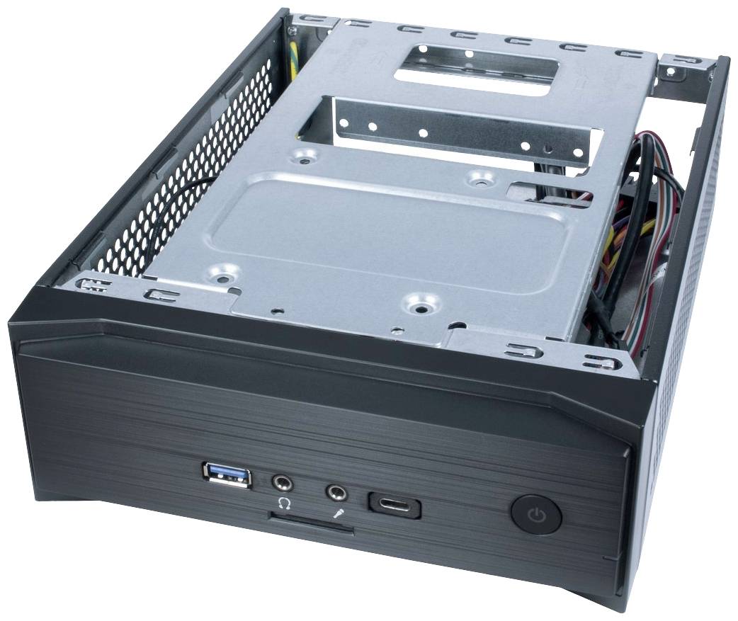 Een zwart computerbehuizing ligt op zijn zij. Het toont de frontpaneelaansluitingen voor USB en koptelefoon en de aan-uitknop.